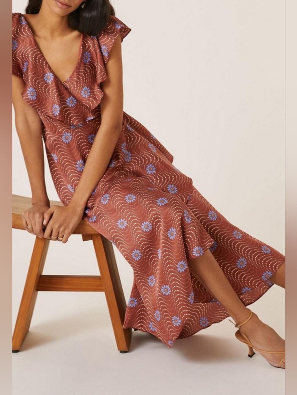 NWT Anthropologie Ruffle-Sleeve Printed-Wrap Maxi Dress Sz 1X